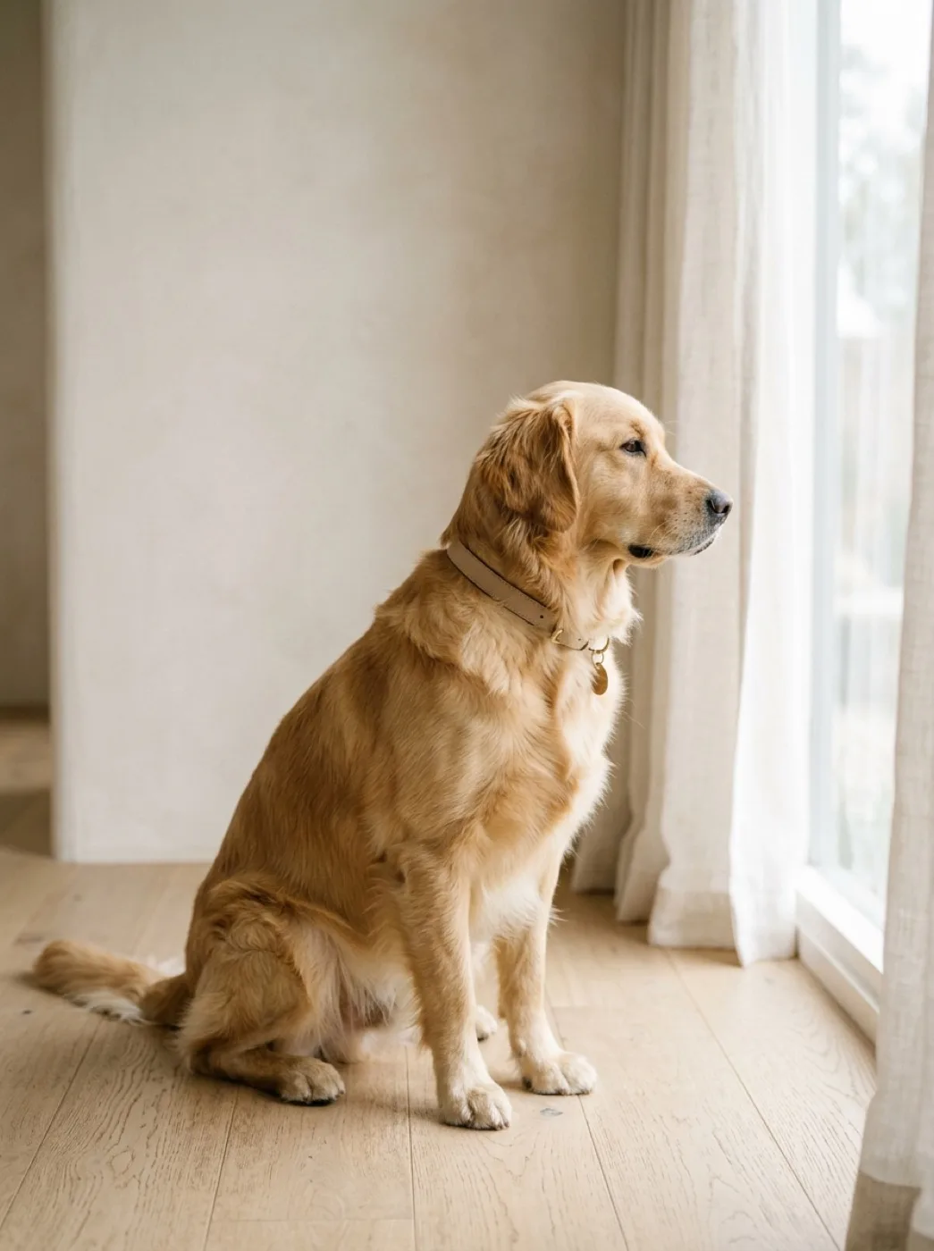 Cão calmo sentado perto da janela, retrato editorial em tons neutros