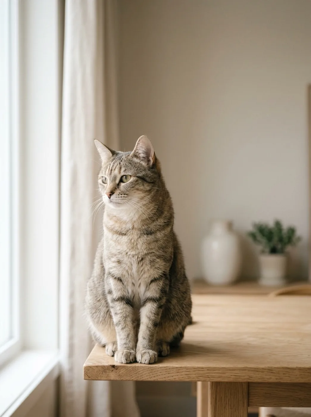 Gato calmo sentado sobre a mesa perto da janela, retrato editorial em tons neutros